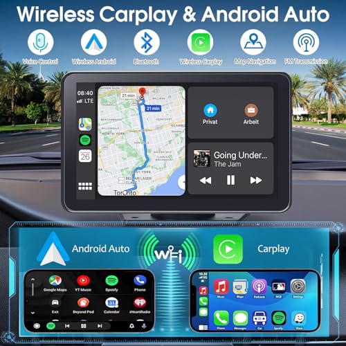 Carplay Screen for Car, 7" HD Wireless Portable Car Play Touchscreen Stereo with Android Auto Mirror Link/Backup Camera/GP...