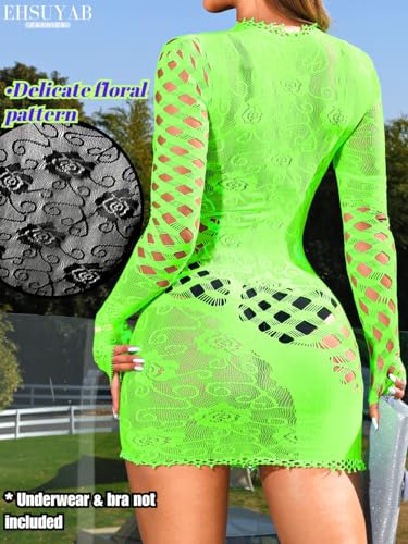 EHSUYAB Club Outfits, Hollow Out, Long Sleeve One Piece Bodycon Fishnet Dress