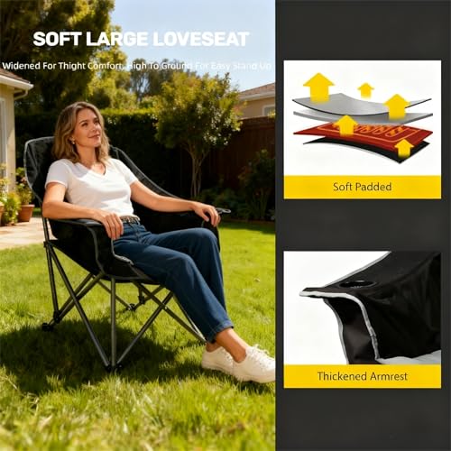 FAIR WIND Oversized Padded Camping Chair Heavy Duty Quad Fold Arm Chair Portable for Outdoor - Support 450LBS, Black