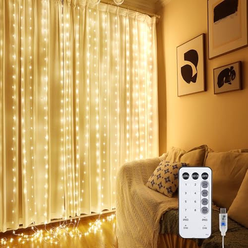 NWLIGHT Fairy Curtain Lights for Bedroom, 9.8x9.8 Ft Fairy Lights Curtain with Remote, 300 LED String Light 8 Flashing Mod...