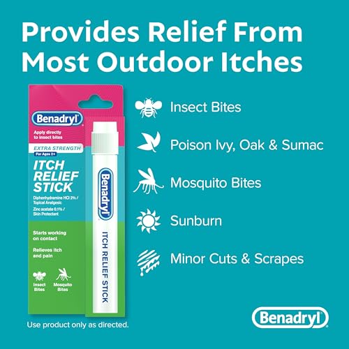 Benadryl Extra Strength Anti-Itch Relief Stick, Bug Bite Itch Relief, Diphenhydramine HCl Topical Analgesic & Zinc Acetate...