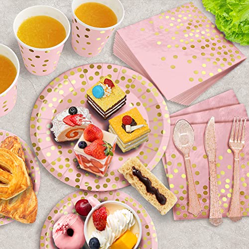 AIRE 175PCS Pink Rose Gold Plates Party Supplies Severs 25 Guests Disposable Party Decorations, Plastic Forks Knives Spoon...