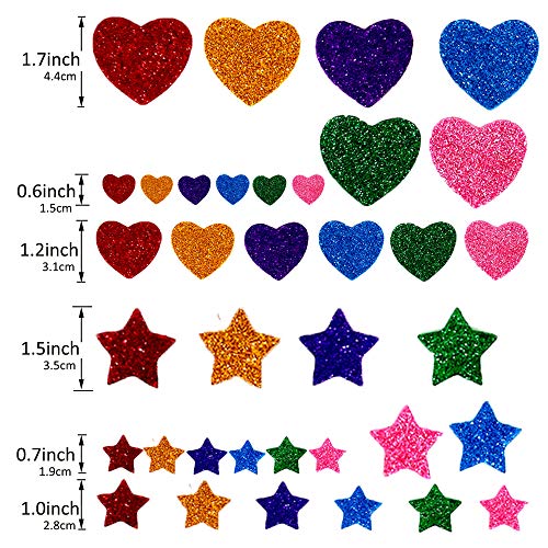 260 Pieces Colorful Glitter Foam Stickers Self Adhesive Stars Mini Heart Shapes Glitter Stickers, Kid's Arts Craft Supplie...