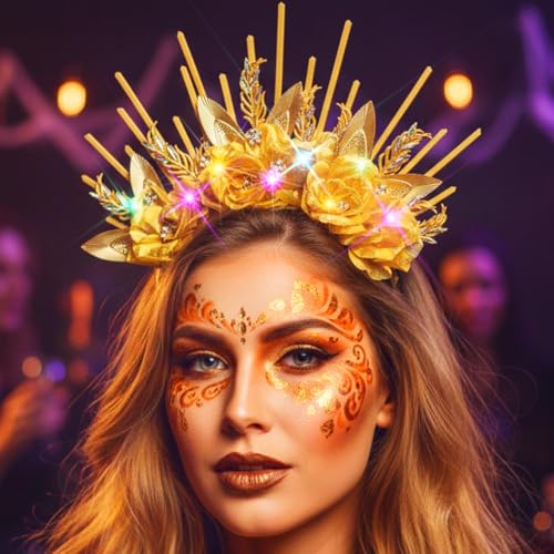 Kilshye Light Up Goddess Headband Gold Flower Headpiece Leaf Halo Headbands for Women