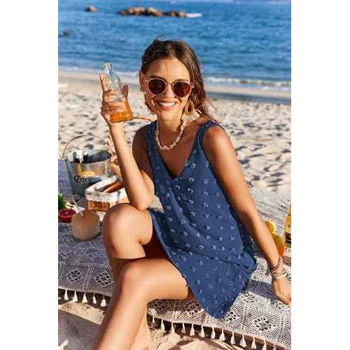 AI'MAGE Women Beach Coverups Swiss Polka Dot Bathing Suit Cover Up Sleeveless V Neck Dress with 2 Pockets