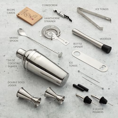 Mixology & Craft 16-Piece Stainless Steel Cocktail Shaker Set, 24 oz Cobbler Martini Shaker, Mixology Bartender Kit with S...