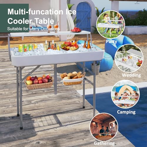 IWDOO 4 Foot Led Ice Cooler Table, Two-Tier Outdoor Cooler Table with Removable Matching Skirt LED Light Strip Drain Plug ...