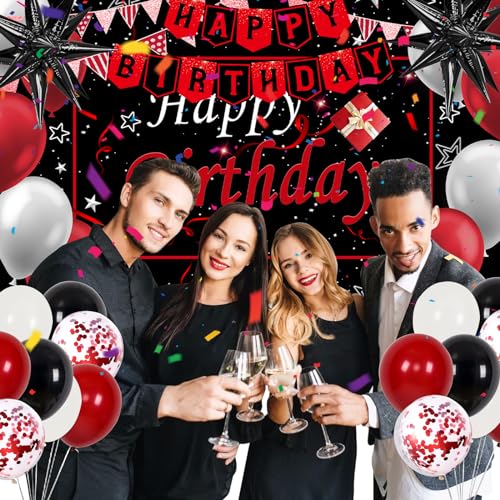 Red Birthday Decorations for Men Women Boys Girls, 75 PCS Red and Black Party Decorations Happy Birthday Backdrop Banner P...
