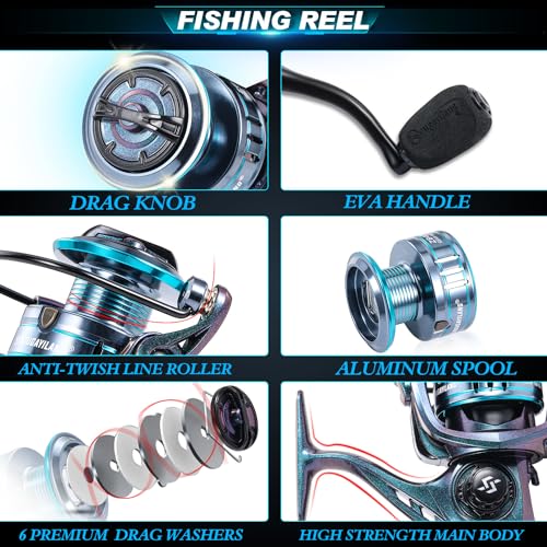 Sougayilang 2 Packs Spinning Fishing Reel Rod Combo, Two Pieces Colorful Poratble Light Weight Fishing Rod with Powerful F...