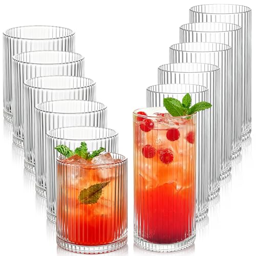 Lumkit Ribbed Drinking Glasses 12pcs, 12oz and 10oz Glassware, Tumbler Glasses Cup Set for Wedding, Party, Christmas Gift,...