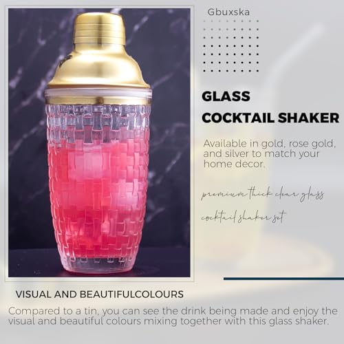 Gbuxska Glass Cocktail Shaker Set - Glass Shaker for Drinks, Shaker Set for Bars, Whiskey, Cocktails (Gold, 13 oz)