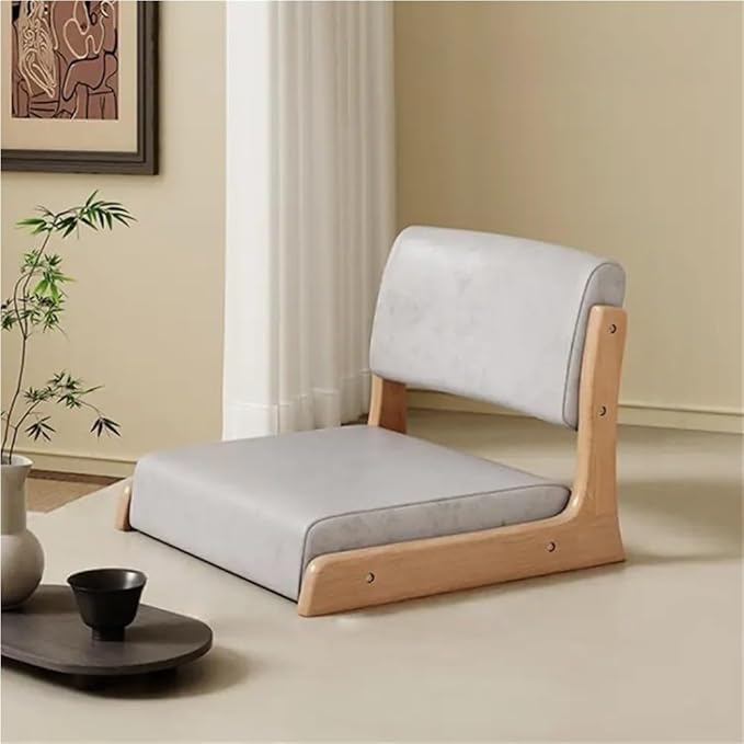 Japanese Style Legless Floor Chair with Back Support, Wooden Tatami Meditation Chair with Cushion, Low Sofa Floor Seat for Living Room, Bedroom, Bay Window(Technology Fabric 4)