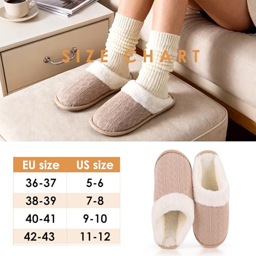 LOKIMSI Women's Cozy Knit Slippers with Faux Fur Lining Memory Foam - Non-Slip Rubber Sole Indoor/Outdoor Winter House Sho...