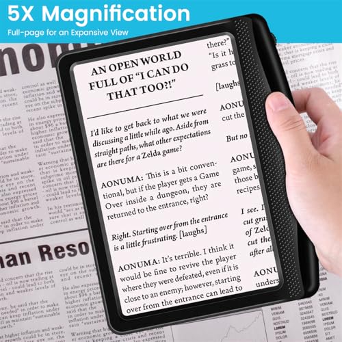 Rechargeable 5X Magnifying Glass for Reading, Large Bright Full Page Magnifier with Light, Handheld LED Dimmable Lighted, ...
