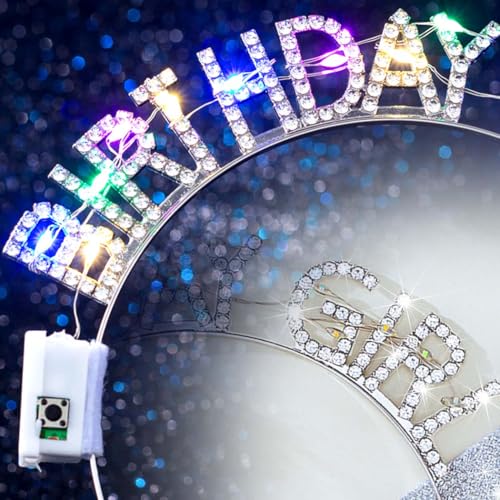 Uranian Light Up Birthday Headbands and Sash LED Rhinestone Halo Crowns Glow Birthday Party Favor Hair Accessories for Women