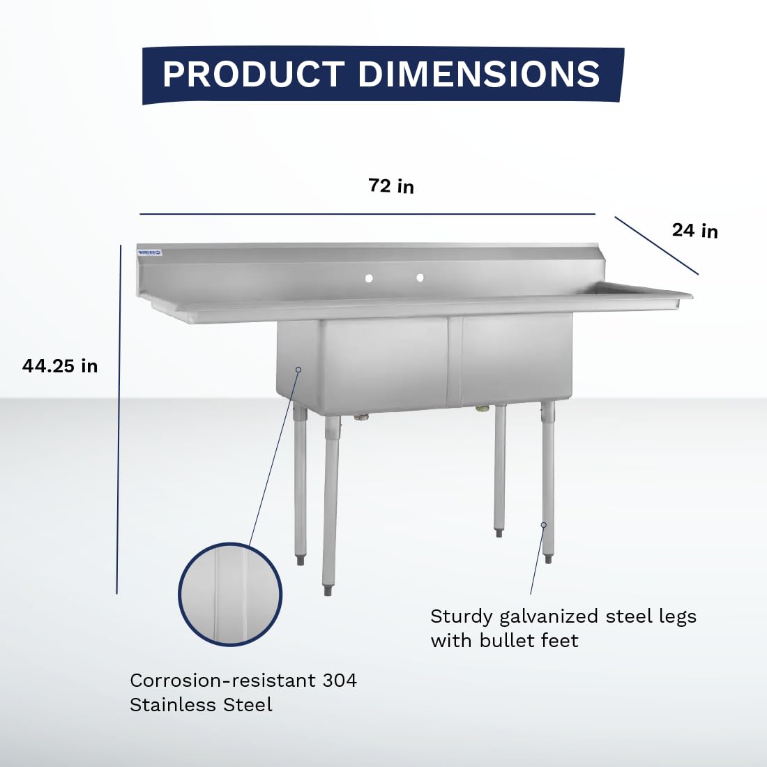 Kratos 29N-006-Commercial NSF 2 Compartment Sink -Commercial NSF 18"Wx18"Lx12"H Bowl Size - (2) 18" Drain Boards