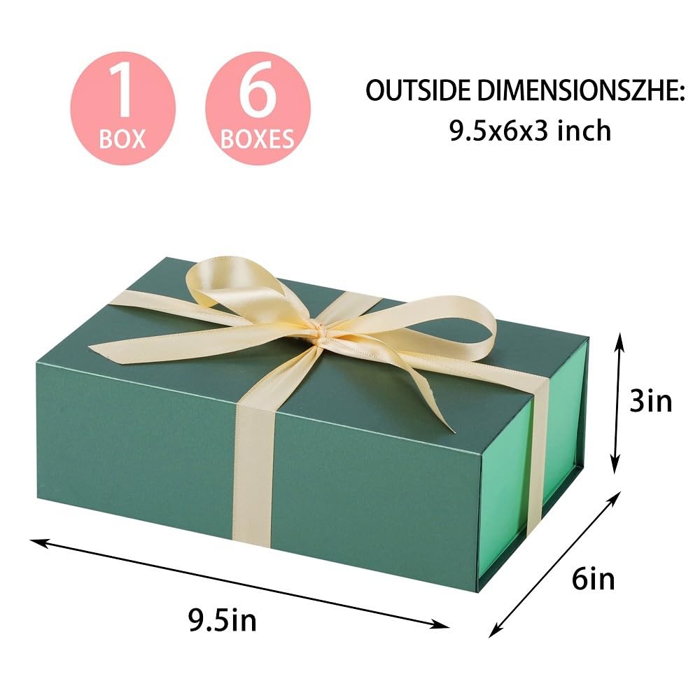 UoeRing 6 Pack Green Gift Box 9.5x6x3 inch Small Luxury Gift Box for Presents with Magnetic Lid Collapsible,Birthday,Christmas,Contains Card, Ribbon, Tissue Paper,Shredded Paper Fille