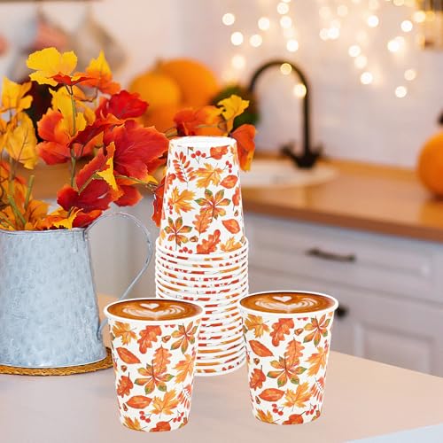 JarThenaAMCS 100Pcs Fall Paper Cups 9 oz Maple Leaves Disposable Coffee Cups for Autumn Thanksgiving Harvest Cold Hot Beve...