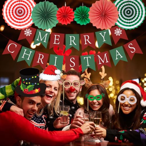 Christmas Party Decorations, Xmas Decorations Merry Christmas Banner Paper Fans Photo Booth Props Kits Party Favors Suppli...