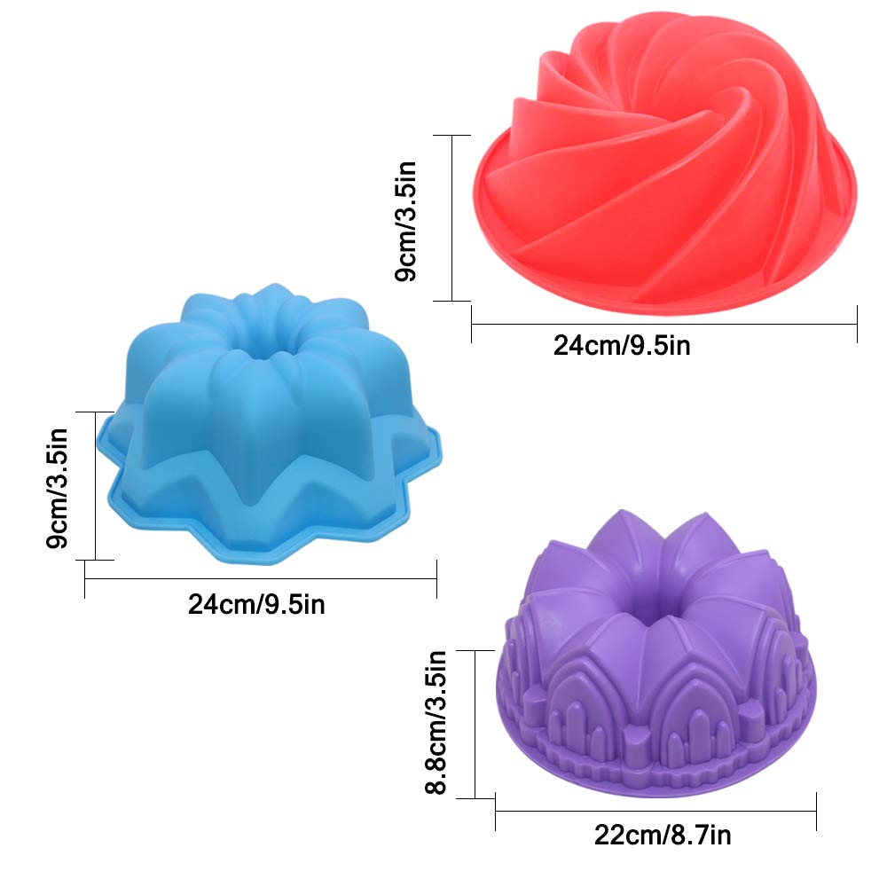 AIFUDA 3 Pcs Silicone Cake Bread Baking Molds - Large Swirl, Castle, and Double Flower Shapes for Birthday Party DIY