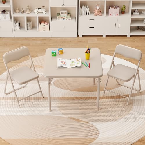 IDEALHOUSE Boys and Girls Folding Table and Chairs Set of 3, Portable Table and Chair with Pu Soft Cushion,Suitable for Ea...