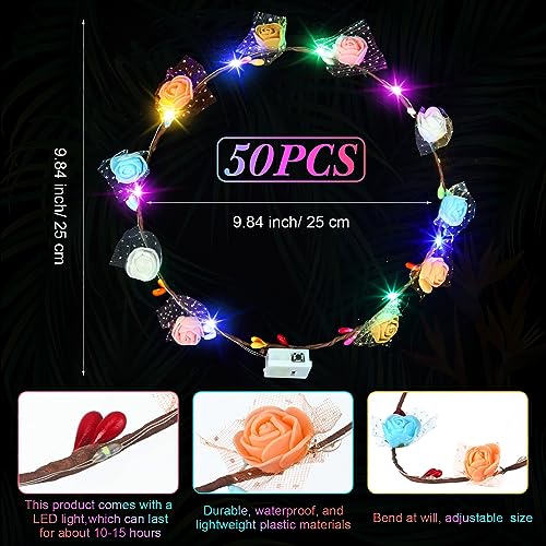 Syhood Valentines Day Gifts, 50 Pcs LED Flower Crowns Headbands, Light up Flower Crowns for Women, Glow in the Dark Headba...