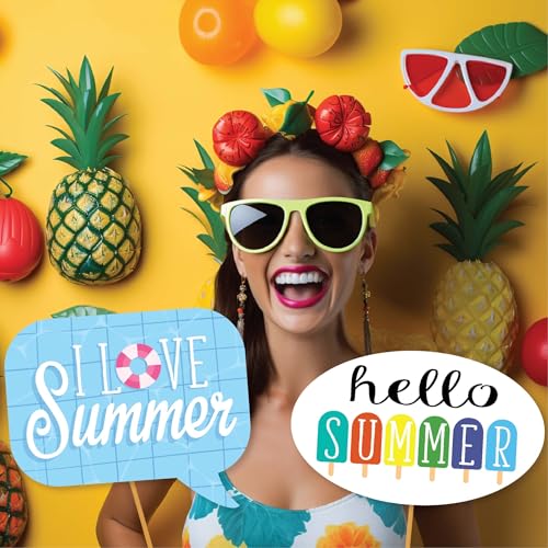 Summer Photo Booth Props - 41 Pieces with Signs, Adhesive Pads, Sticks - Pool Party & Beach Theme Props