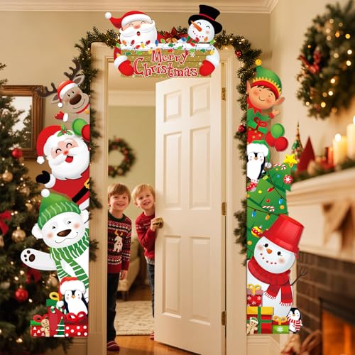 Tiamon 3 Pcs Christmas Door Decorations Banner Merry Christmas Porch Banner Snowman Santa Backdrop Xmas Party Hanging Phot...