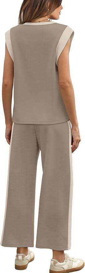WIHOLL 2 Piece Sets for Women Summer Lounge Sets Travel Vacation Outfits Cap Sleeve Sweatsuit Side Slit Wide Leg Pants S-3XL