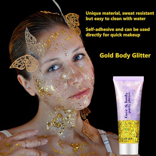 Go Ho Gold Face Body Glitter,Mardi Gras Glitter Makeup Gold Face Paint,Holographic Chunky Sequins Glitters for Eye Lip Hai...