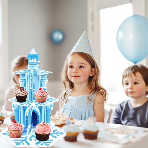Frozen Birthday Party Decorations, 3-Tier Frozen Cupcake Stand with Snowflakes and Ice Castle Design for Winter Wonderland...
