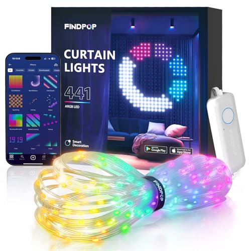 Findpop AI Smart Curtain Lights, 441 LEDs Indoor Color Changing Lights, Music Sync Dynamic DIY, for Valentine's Party Deco...
