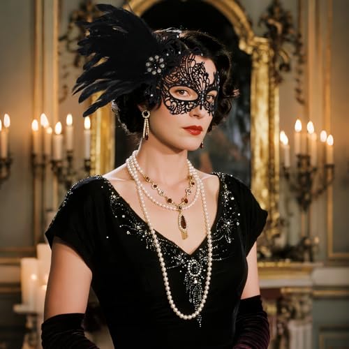 GUXIMIAR Lace Masquerade Mask for Women Mardi Gras Rhinestone Mask with Feather 1920s Venetian Party Accessories