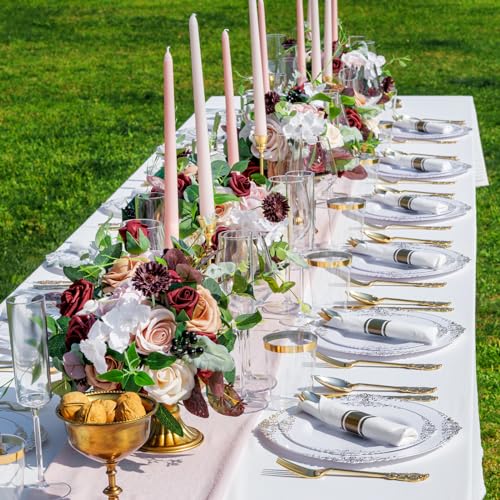 Nervure 350PCS Gold Plastic Plates - Gold Plastic Dinnerware Sets for 50 Guests - 100 Disposable Plates, 150 Silverware, 5...