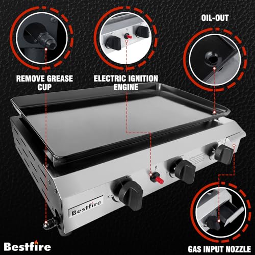 Bestfire 3 Burner Flat Top Gas Griddle - 23 Inch Outdoor Propane Griddle with 30000 BTU, Portable Propane-Fuelled Grill St...