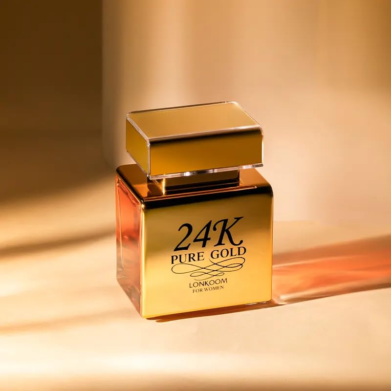 Lonkoom 24K Pure Gold Perfume for Women, Sweet Vanilla Perfumes Long Lasting Fragrance Eau de Parfum Praline Amber Fruity Strawberry Rose Musk Chocolate Notes, 3.4 Fl Oz