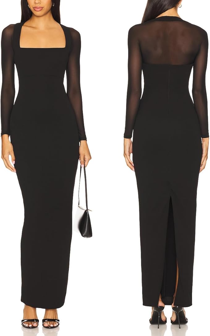 Capuffy Women Sheer Mesh Long Sleeves Maxi Dress Square Neck Bodycon Long Dresses Back Vent Cocktail Party Dress 475