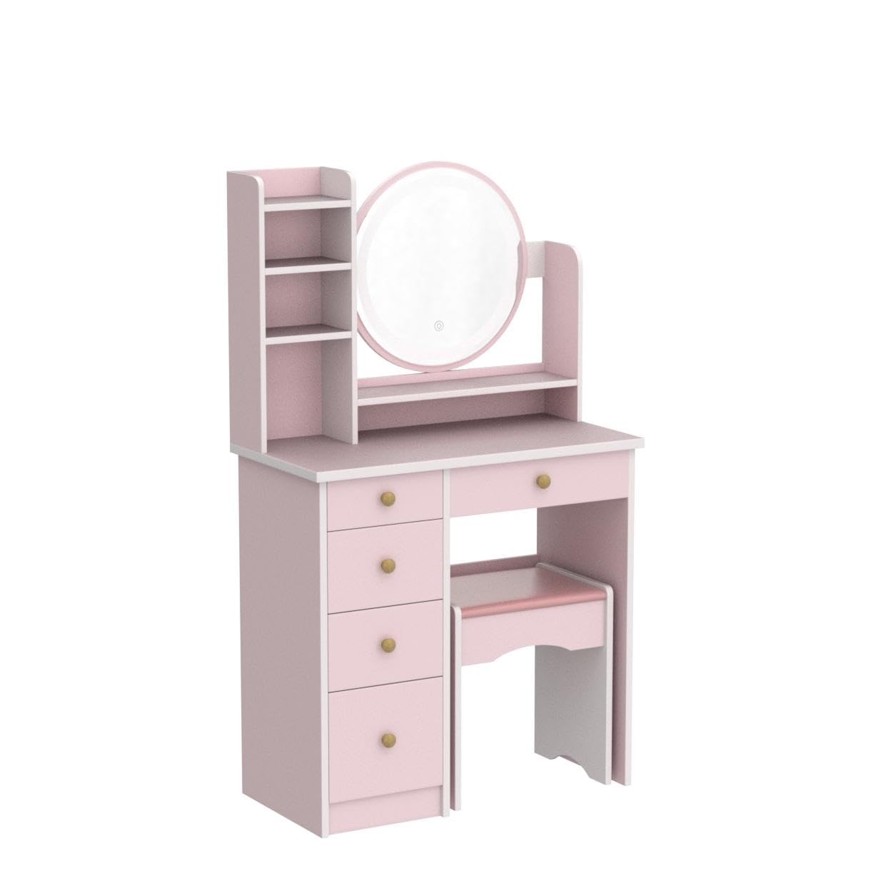 FUFU&GAGA Pink Vanity Set with Round Lighted Mirror, Makeup Vanity Dressing Table with 5 Drawers, Shelves, Dresser Desk and Cushioned Stool