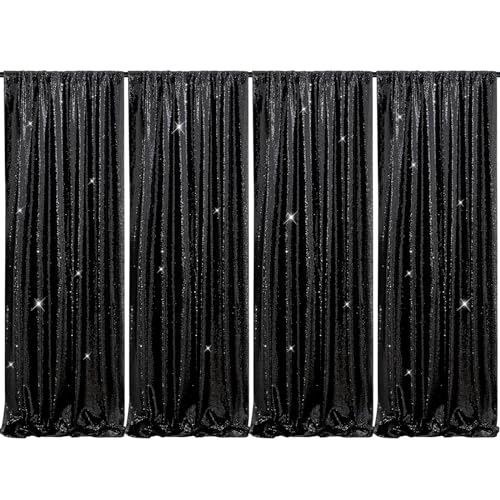 B-COOL Black Sequin Curtains Drapes 4 Panels Glitter Party Curtains 2FTx8FT for New Years Gothic Themed Party Birthday Sta...