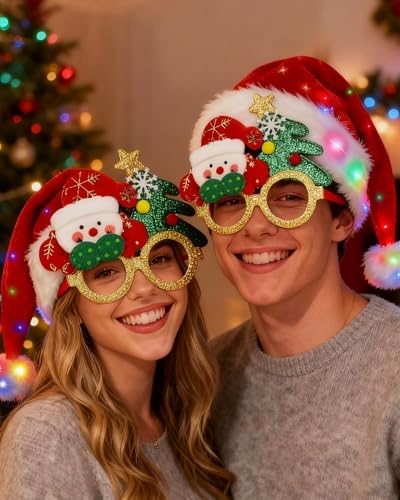 Hiwtonk LED Light Up Christmas Santa Hat with Christmas Glasses Set for Adult Xmas New Year Festive Holiday Party Headwear