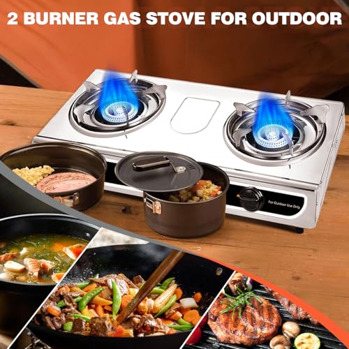 23,000 BTU Portable Dual-Burner Propane Stove with Auto Ignition – Stainless Steel Camping Stove for Outdoor Cooking, Emer...