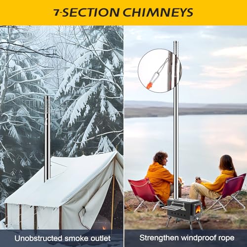 KUNGKA Black Wood Burning Tent Stove, 7 Section Stainless Steel Chimney, Portable Hot Tent Stove for Camping, Hunting, Ice...