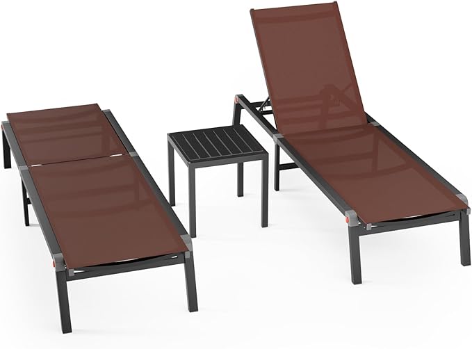 WOAJNQO Aluminum Patio Chaise Lounge Chair Set of 2 with Side Table,5-Position Adjustable Backrest,Foldable Lounge Chair Outdoor,Pool Lounge Chairs for Poolside,Lawn,Deck,Beach (Brown, 2 Pack+Table)