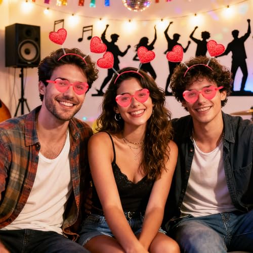 Zddaoole 24 Pcs Valentine's Day Heart Headband and Heart Shape Sunglasses,Red Romantic Head Bopper,Valentines Photo Prop H...