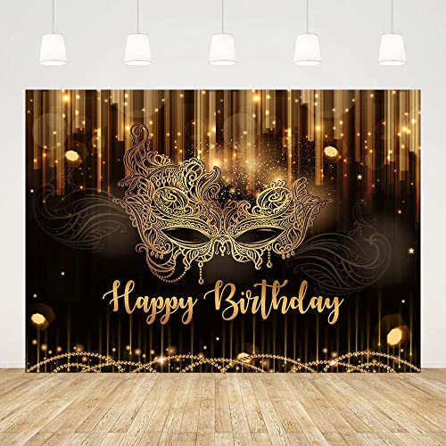 AIBIIN 7x5ft Happy Birthday Backdrop Masquerade Mask Party Decorations Supplies Carnival Birthday Dancing Party Banner Bla...