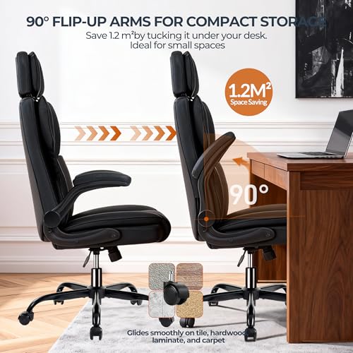 Leather Office Chair with Adjustable Headrest, Executive Home Office Desk Chairs with Ergonomic Back Support, Padded Flip-...