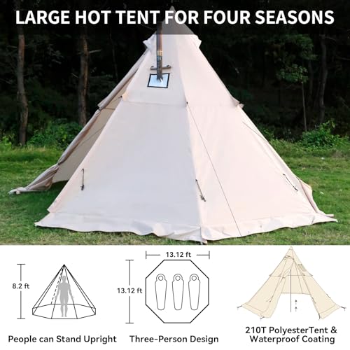 Zoring Hot Tent with Stove Jack, 4 Season 3-4 Person Tipi Tent for Camping, 8.2ft Standing Room with Snow Skirt, Cold Weat...