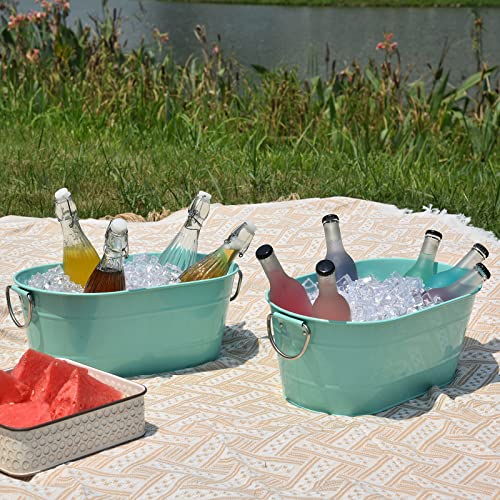 Ice Bucket Galvanized Tub, 2 Pcs 3 Gallon Oval Beverage Tub, Drink Cooler Ice Buckets for Parties, Metal Bucket with Handl...