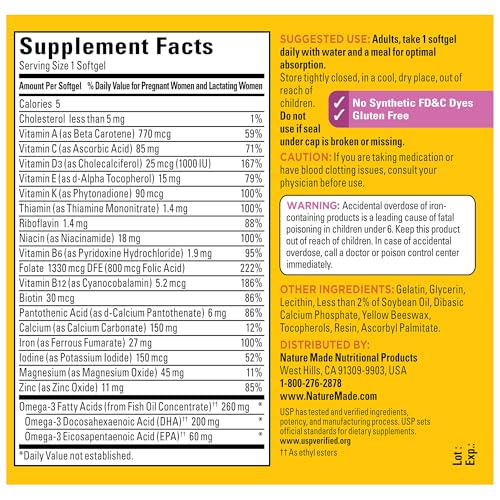 Nature Made Prenatal with Folic Acid + DHA, Prenatal Vitamin and Mineral Supplement for Daily Nutritional Support, 110 Sof...