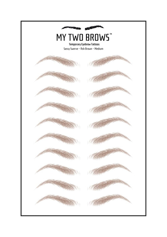 (10 pairs) Ash Brown Temporary Eyebrow Tattoo - Medium Size - Waterproof & Smudgeproof - Sassy Swerve Style Eyebrow Stickers - Sheet Lasts up to 30 Days - Won't Work on Existing Brows